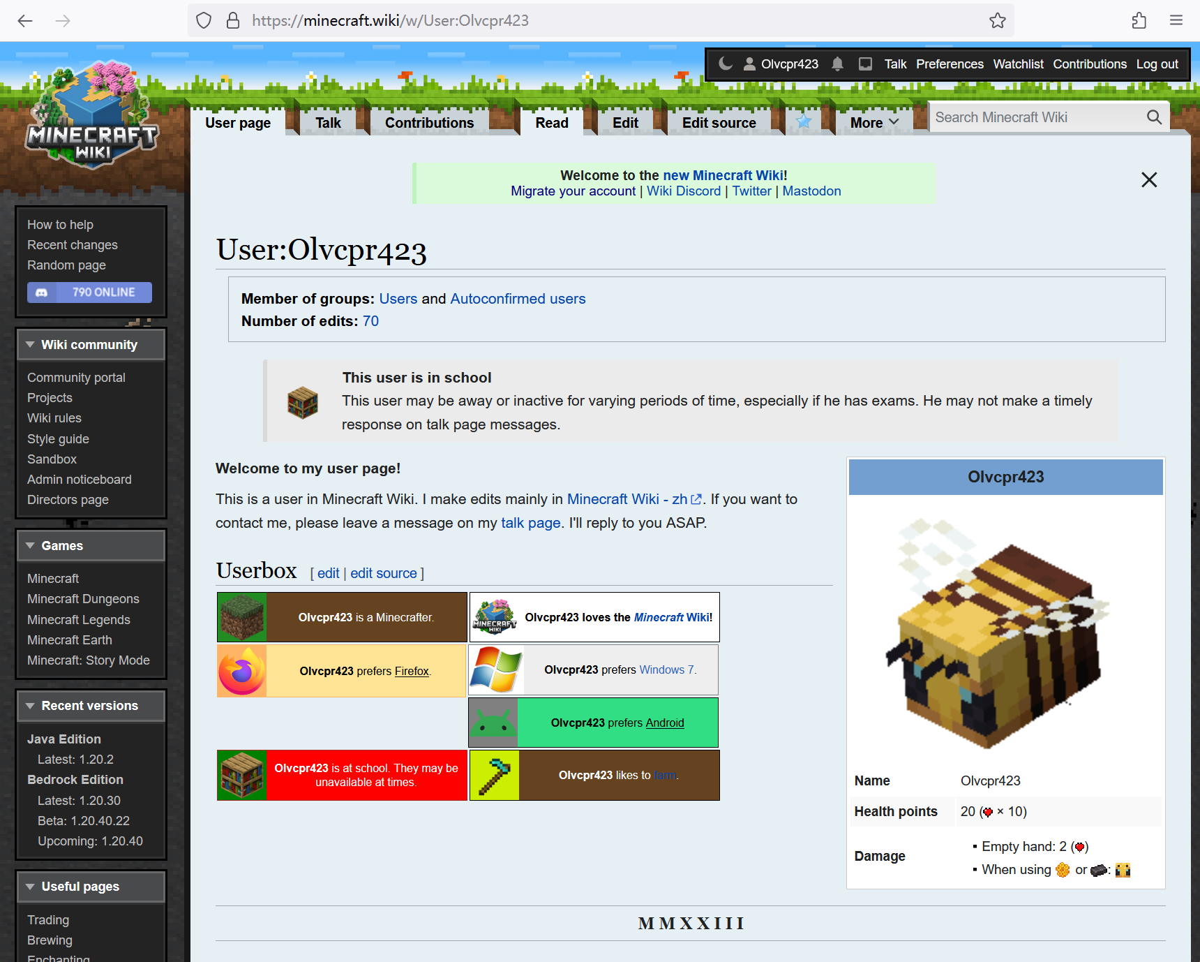 托管于 RuneScape Wiki 的 Minecraft Wiki 的 Olvcpr423 用户页截图